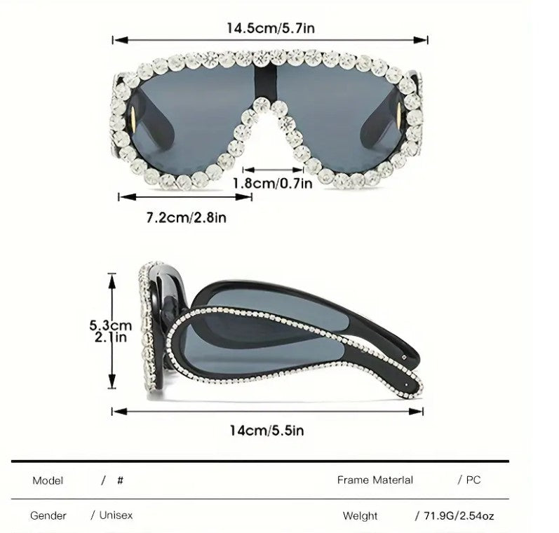 Oversized Punk Rhinestone Glasses For Women, Luxury One-Piece Sport Glasses, Composite Frame, Metal Hinges