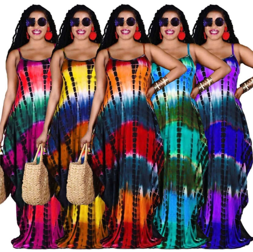 Spot Tie Dye Strap Sleeveless Scoop Neck Boho Maxi Dresses