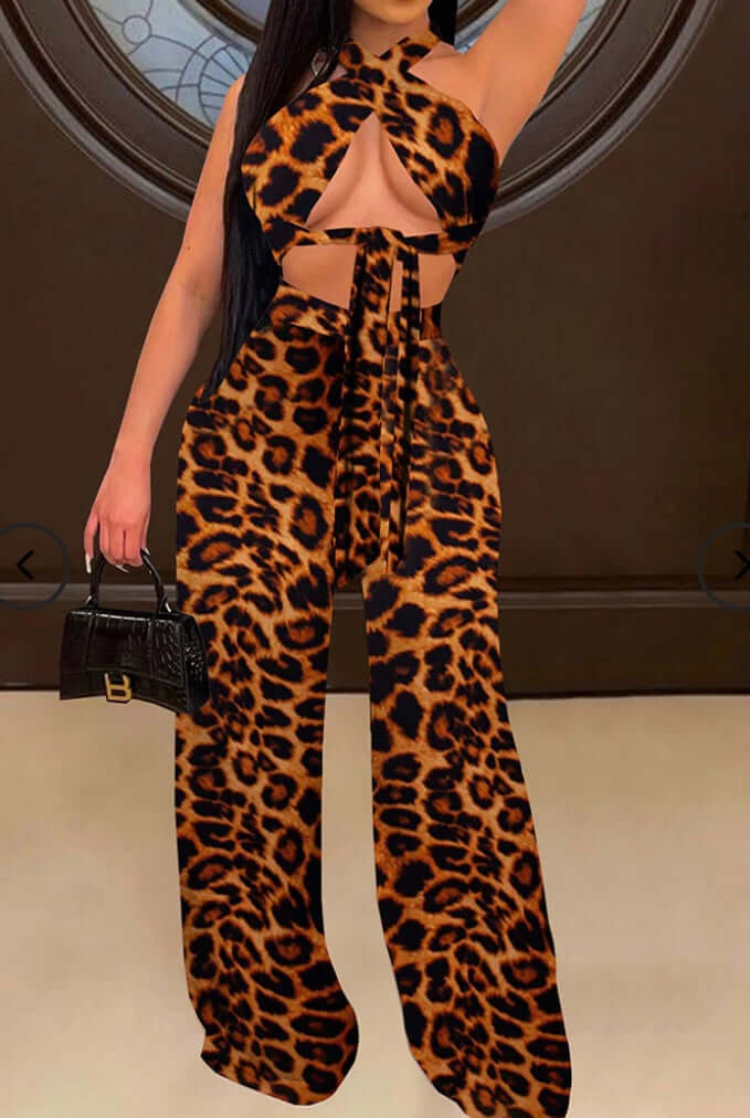 leopard Women's 2 Piece Halter Neck Criss Cross Backless Crop Top Wide Leg Pants Set